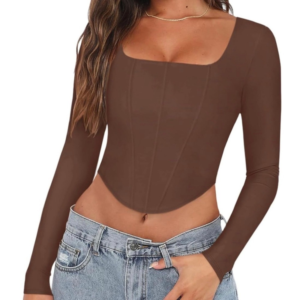 REORIA Brown Corset Crop Top Long Sleeve Square Neck Back Zip Y2K Going Out Top